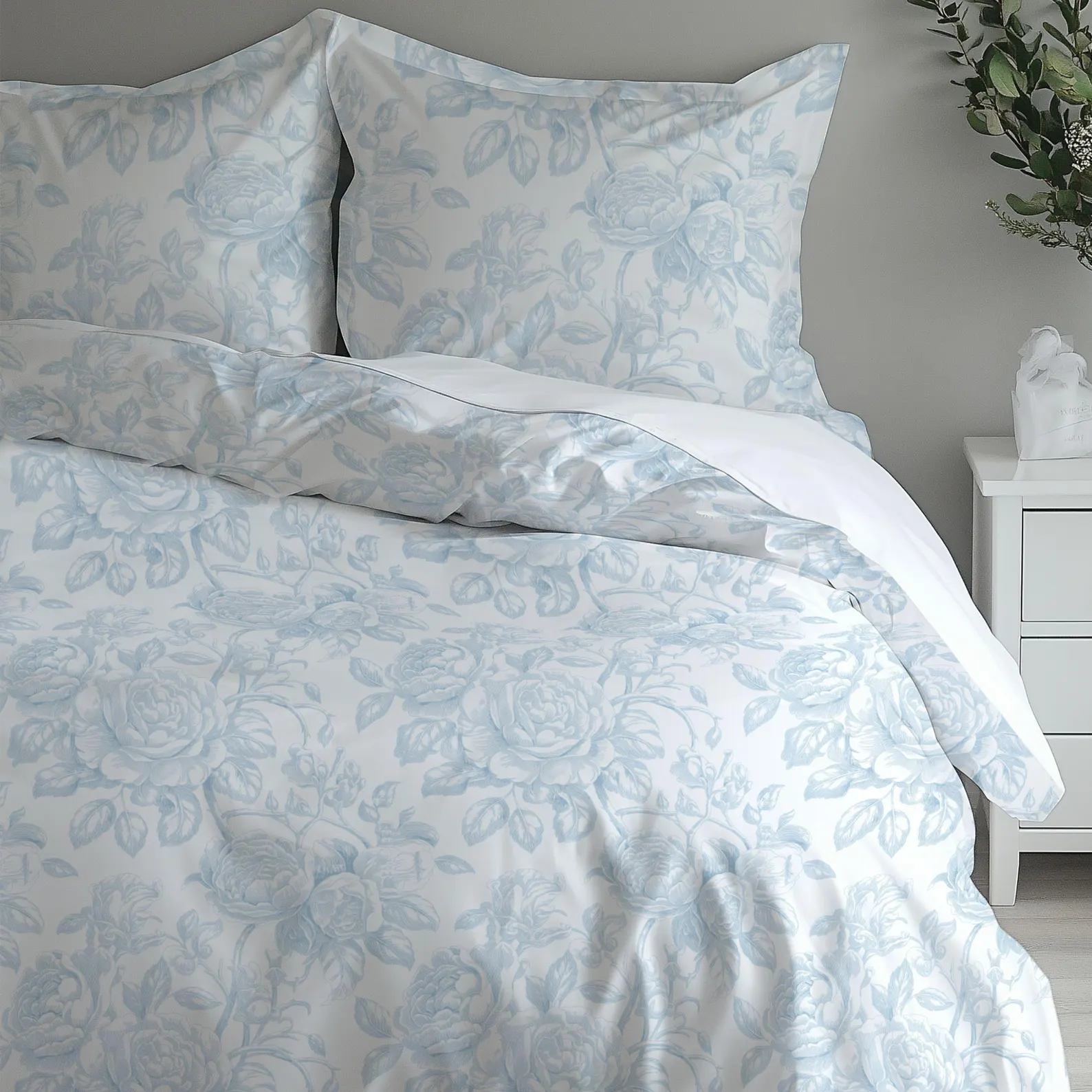 Powder Blue Toile Duvet Cover — Floral Cottage Bedding Set