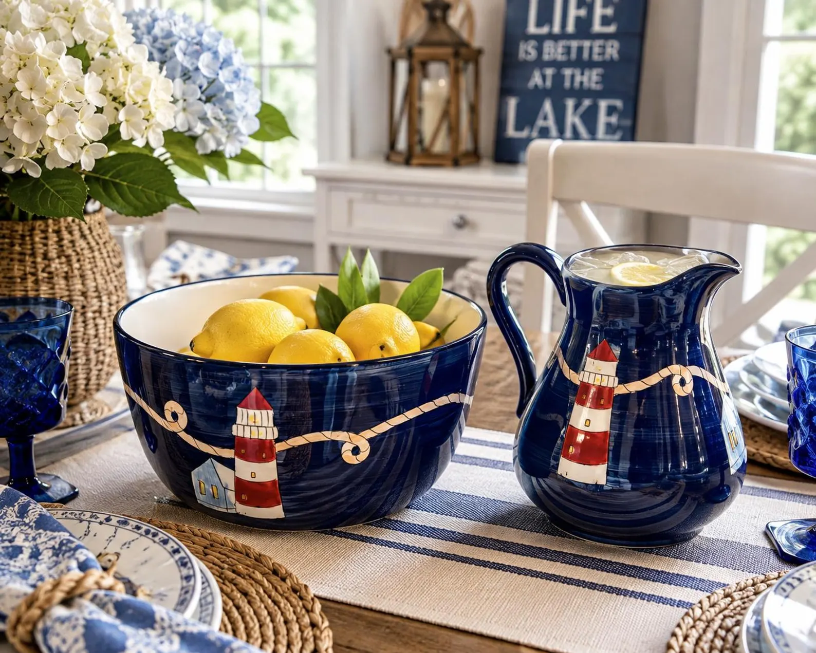 Coastal Lighthouse Pitcher & Serving Bowl Set — Hand Painted Navy Nautical Dinnerware