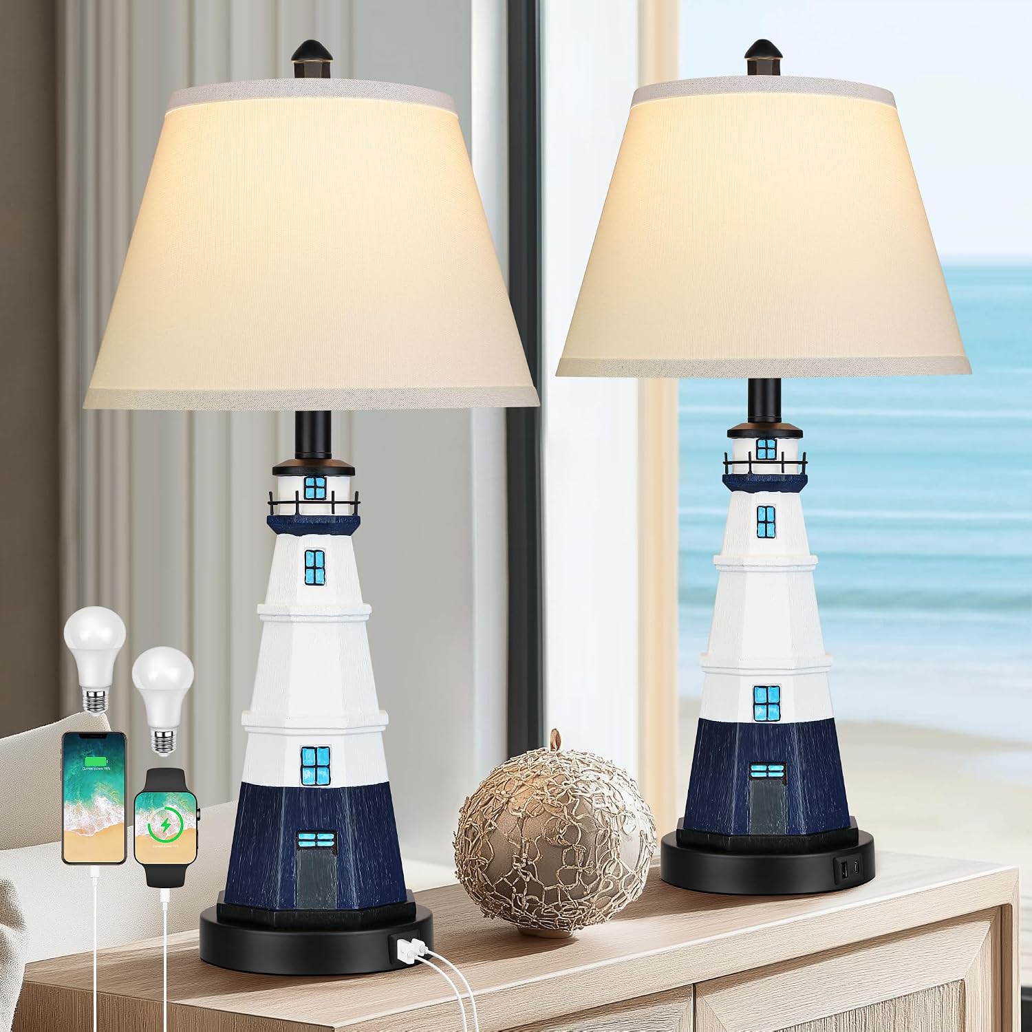 Lighthouse Table Lamp Set of 2 with USB Ports & 3 Color Temperatures