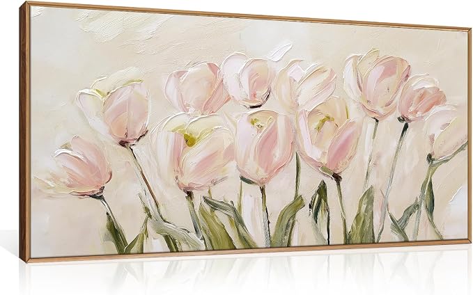 Pink Tulips Textured Canvas Wall Art with Natural Wood Frame