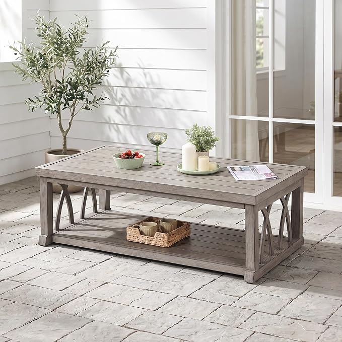 Gray Coastal Outdoor Coffee Table — Weathered Plank with Storage Shelf