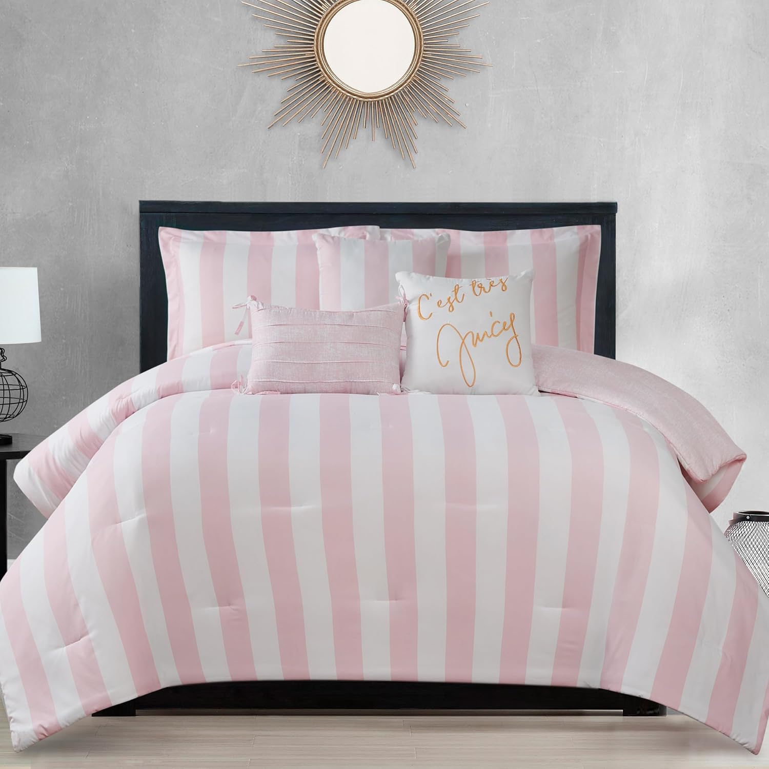Pink Cabana Stripe Comforter Set with "C'est Très Juicy" Pillow