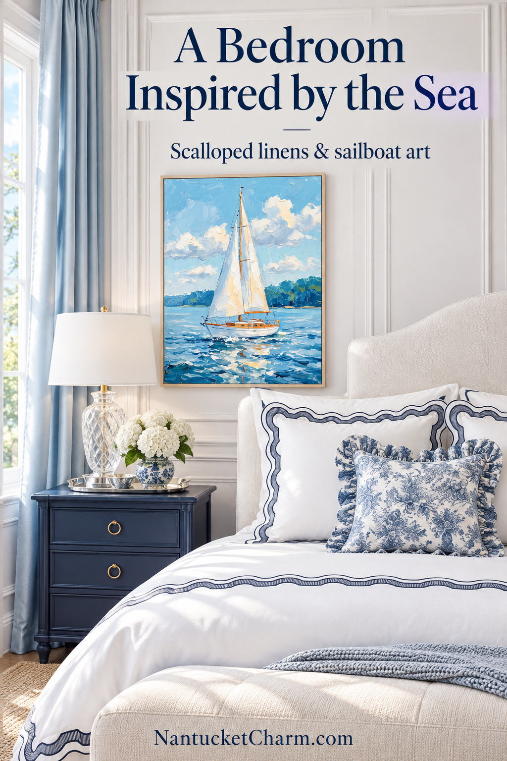 A Bedroom Inspired by the Sea with white navy-scalloped bedding, ruffled blue toile pillow, crystal lamp, navy bedside chest, pale blue curtains, sailboat painting and white hydrangeas.