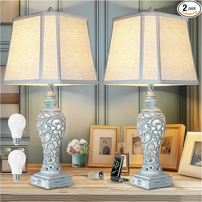 Blue Scrollwork Ceramic Table Lamps with USB Ports (Set of 2)