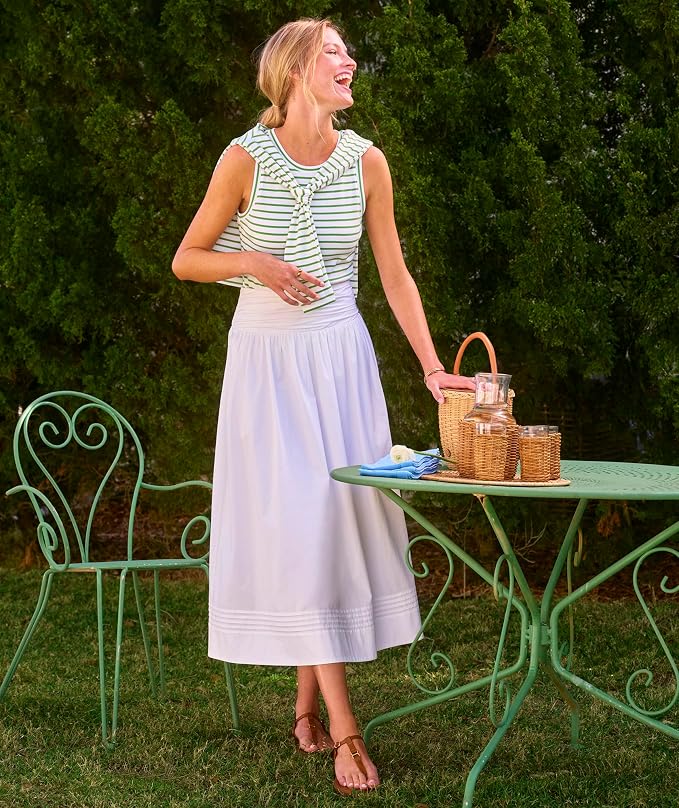 Green & White Stripe Tie-Neck Sleeveless Top & White Midi Skirt Set