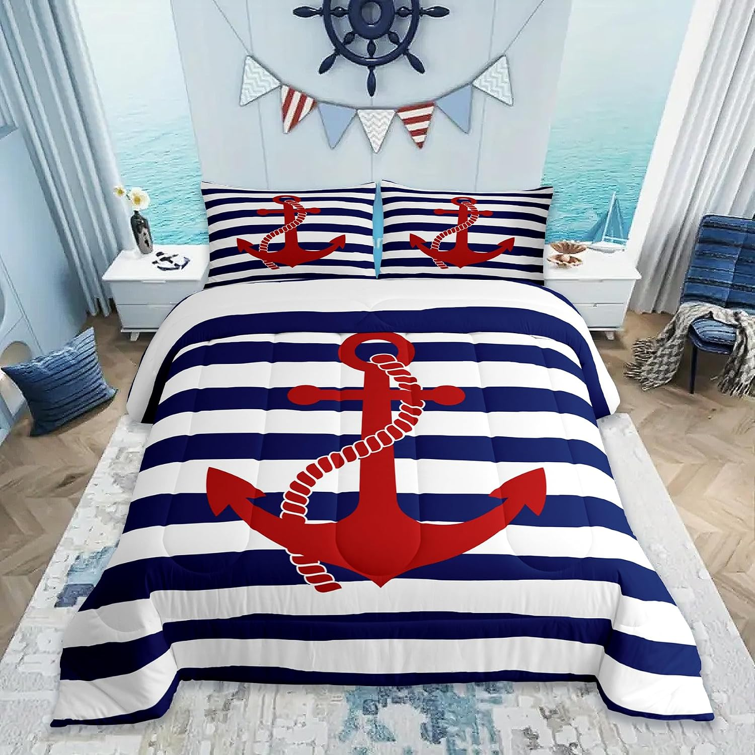 Navy Stripe & Red Anchor Comforter Set with Shams