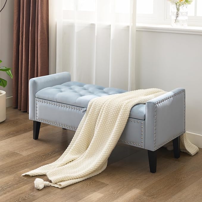 Light Blue Velvet Tufted Storage Bench with Nailhead Trim