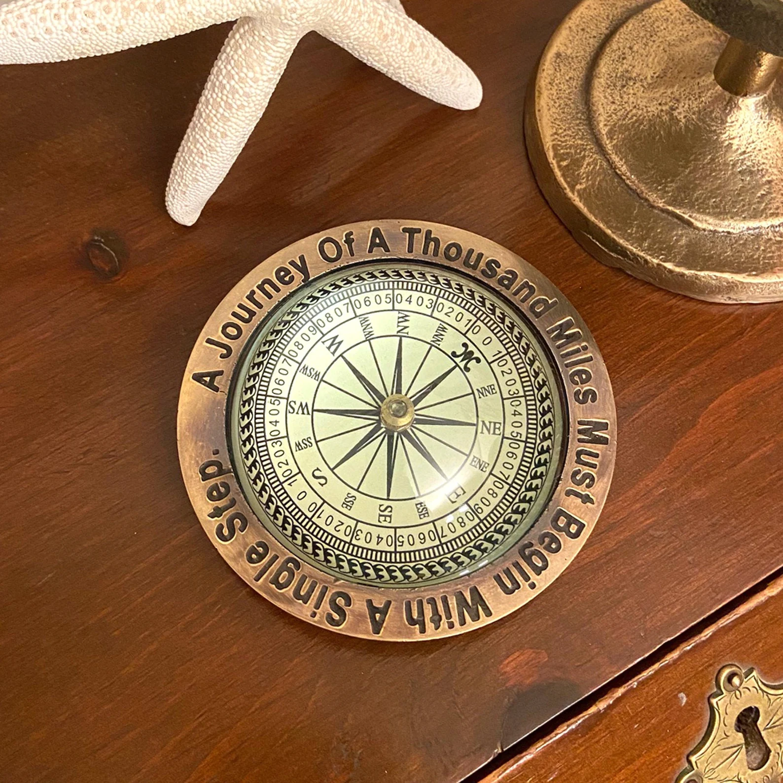 Antiqued Brass Nautical Compass Paperweight — A Journey of a Thousand Miles