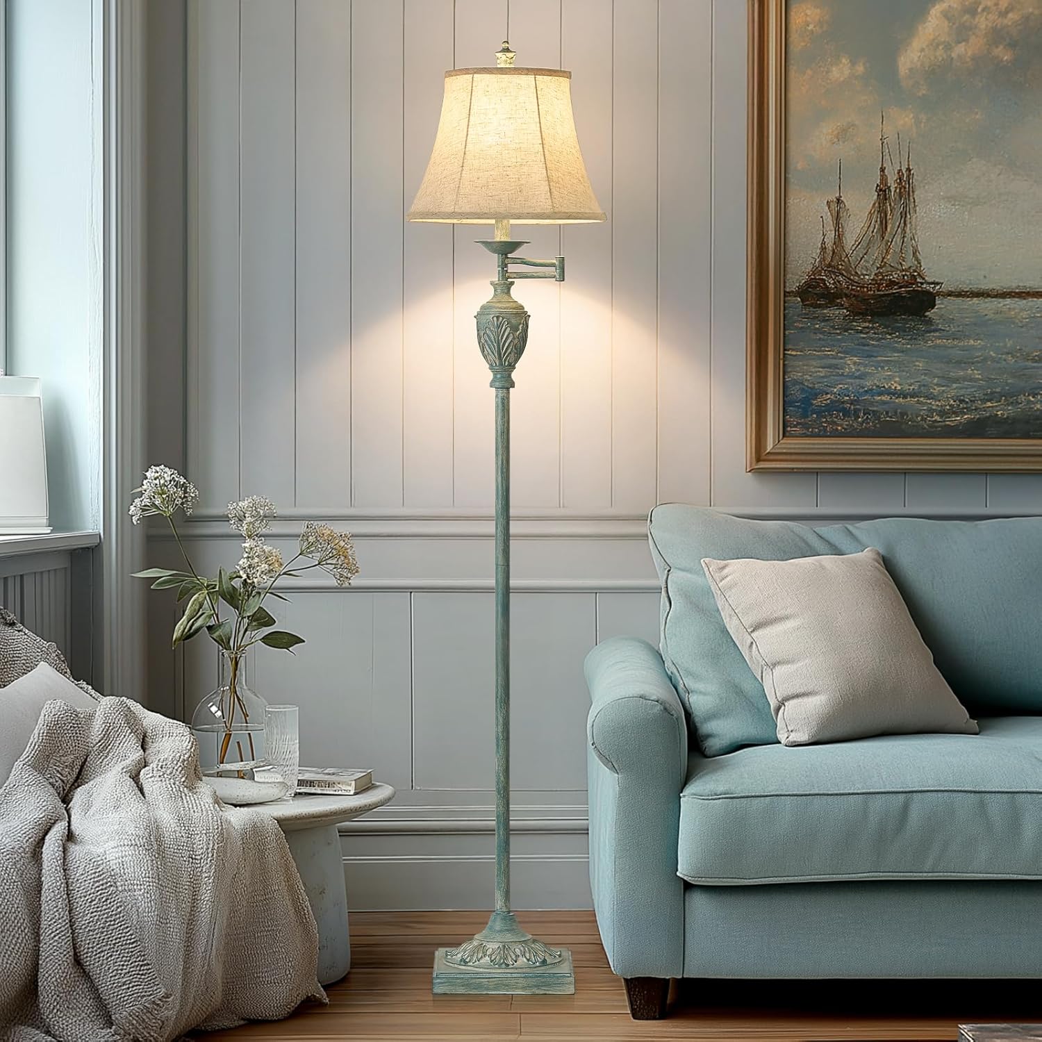 Vintage Coastal Distressed Blue Swing-Arm Floor Lamp with Linen Bell Shade