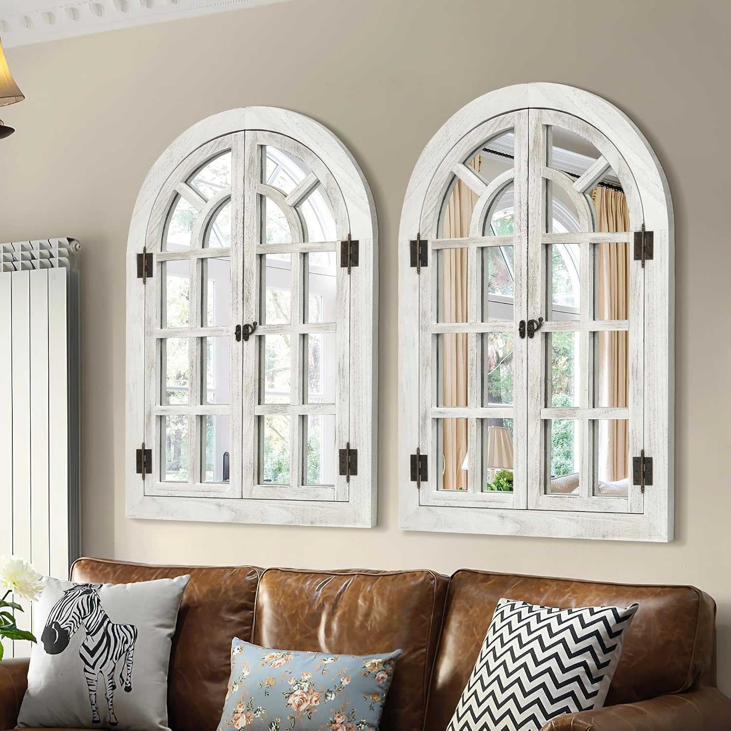 Dorlicecass Arched Window Pane Wall Mirror, Whitewashed Wood (24" x 36")