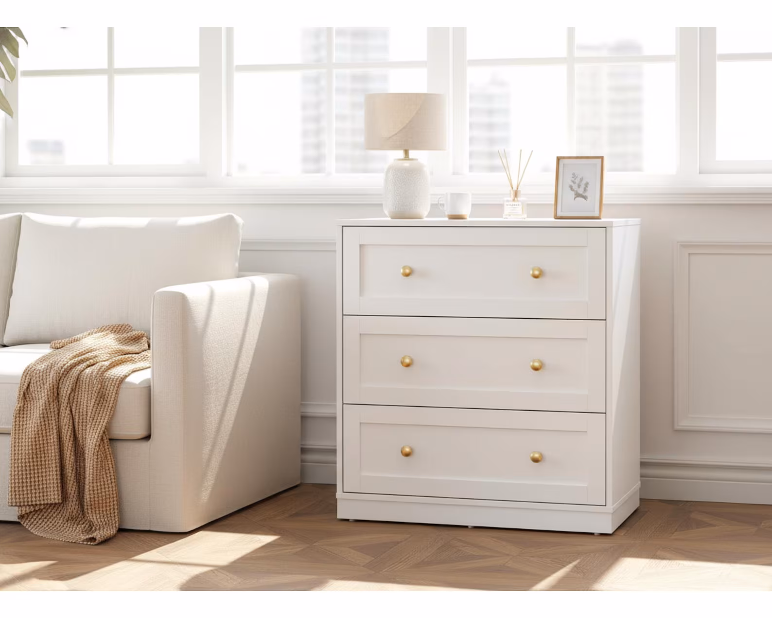 Modern White 3-Drawer Wood Dresser with Gold Ball Knobs