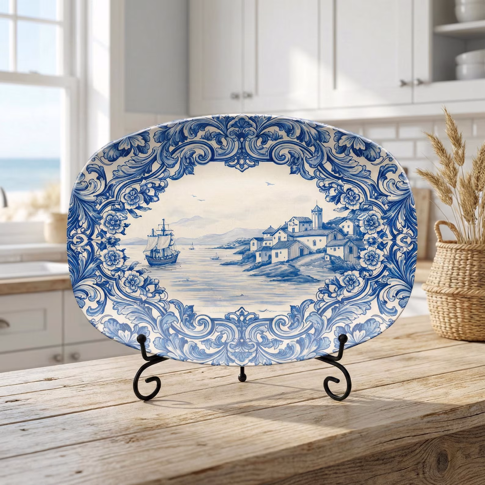 Portuguese Azulejo Blue & White Oval Serving Platter