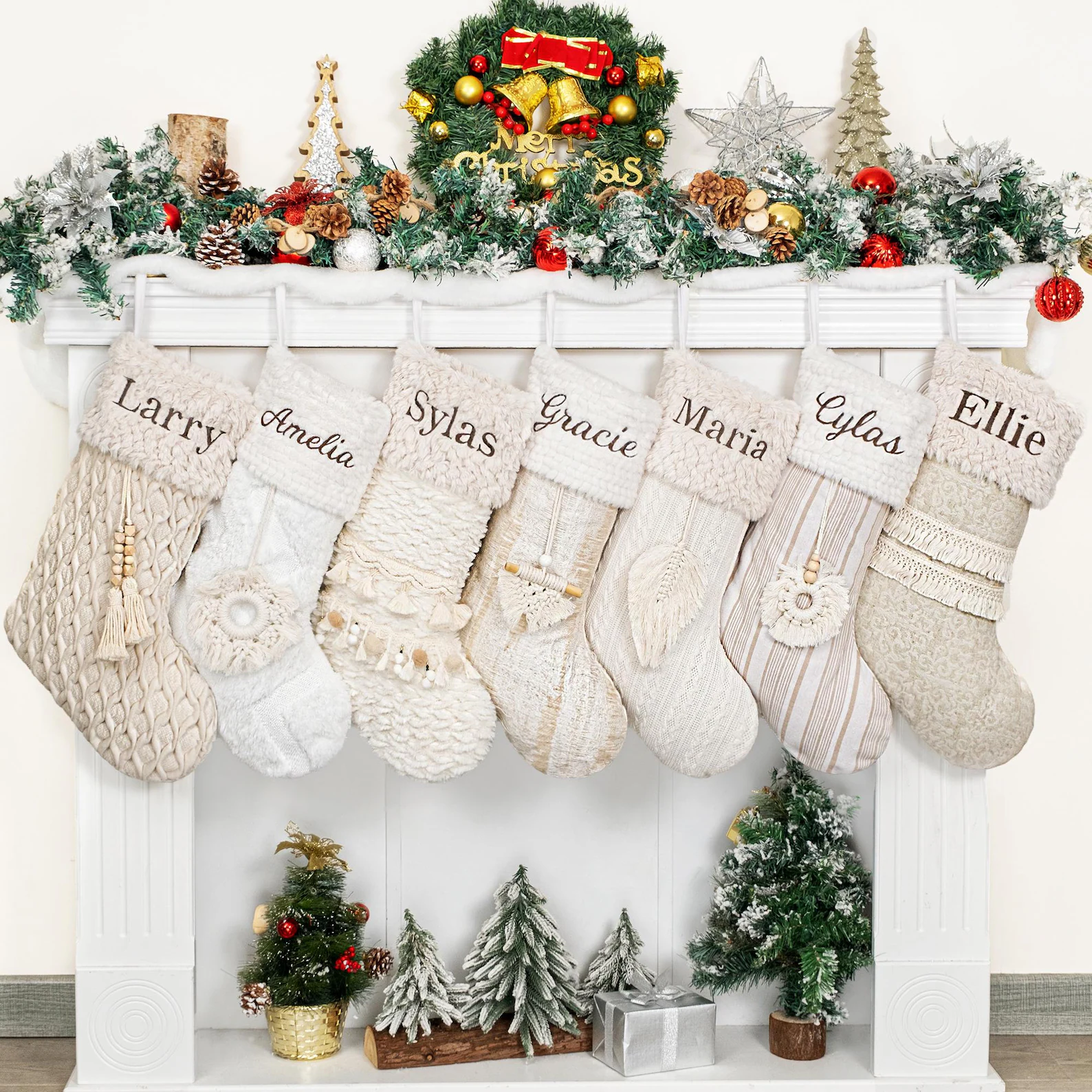 Personalized Linen Christmas Stockings — Embroidered Names, Neutral Collection