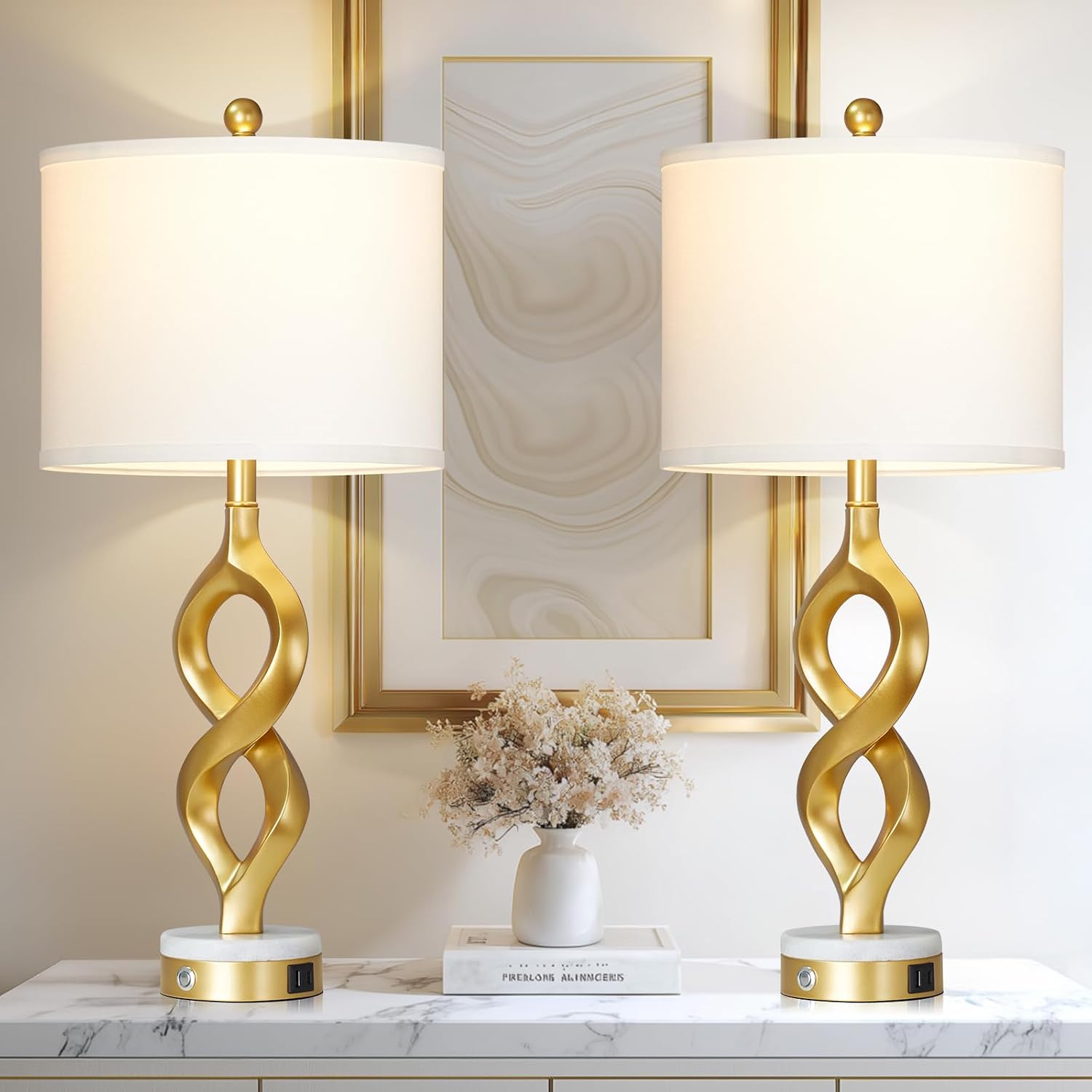 Rinweey 30" White & Gold Touch Table Lamps with USB Ports, Set of 2