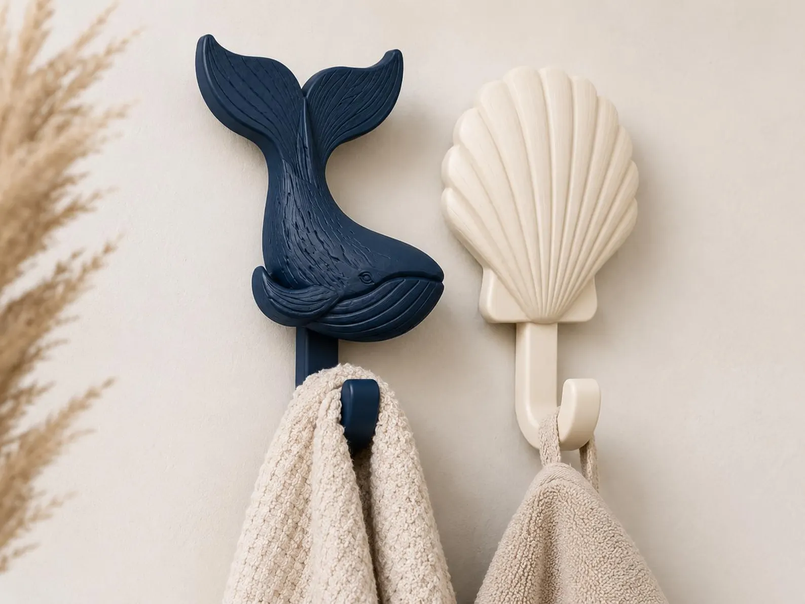 Whale & Seashell Wall Hook Set — Navy and Ivory, Set of 2
