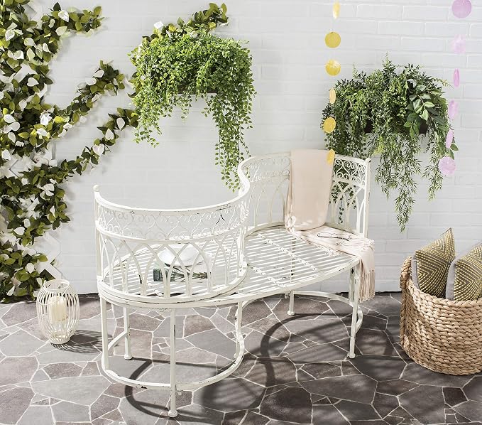 Safavieh White Iron Curved Garden Bench — Filigree Scrollwork
