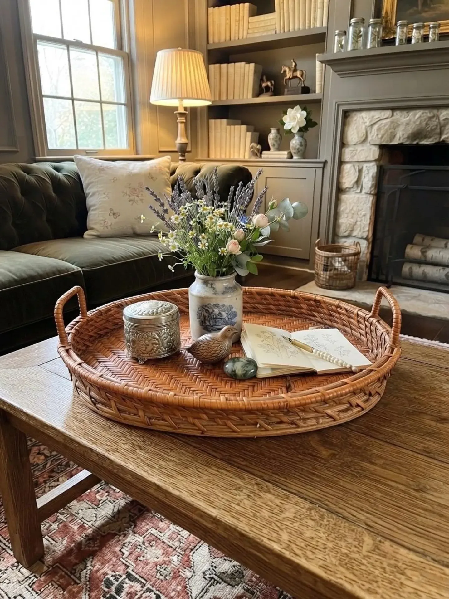 Vintage Handwoven Wicker Oval Tray with Handles — Coffee Table Styling