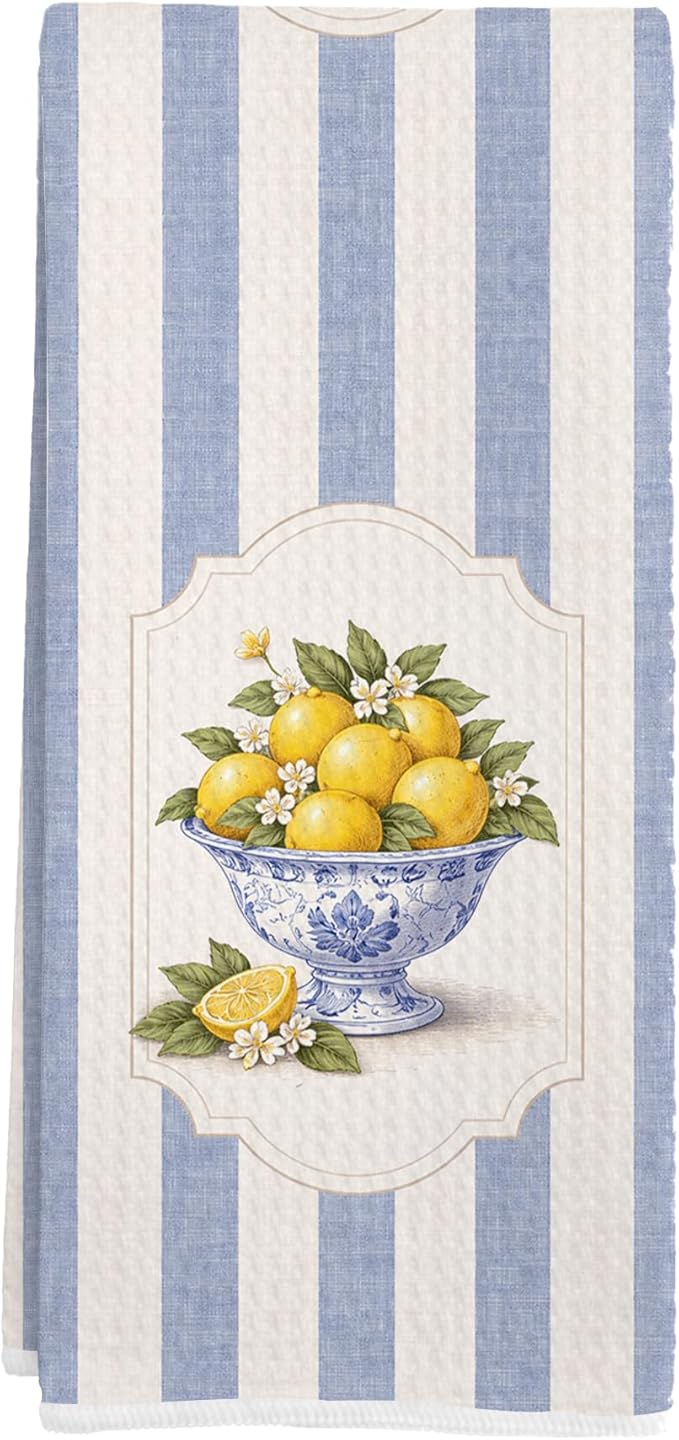 Blue Stripe Lemon Bowl Linen Tea Towel