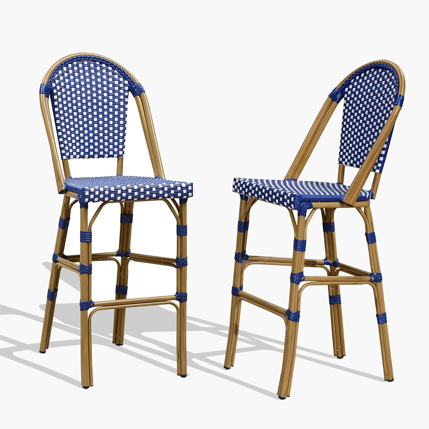 PURPLE LEAF Blue & White French Bistro Counter Stools with Footrests (Set of 2)