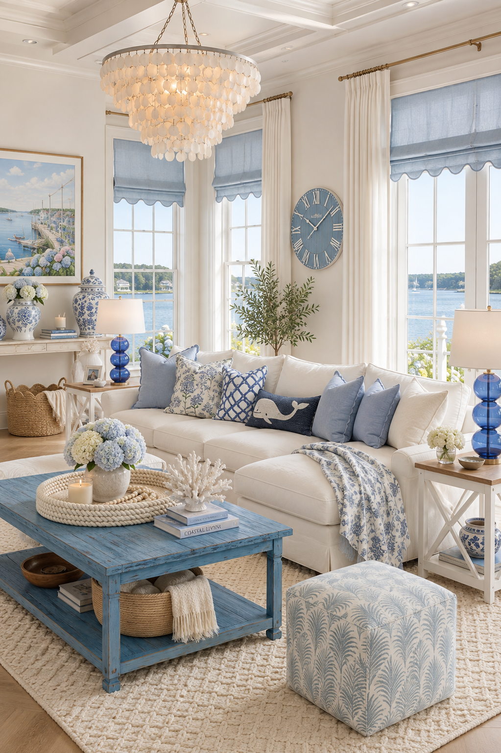 Blue and white coastal living room with an ivory chenille cloud sectional, blue distressed reclaimed wood coffee table, capiz shell chandelier, scalloped blue roman shades, cobalt glass triple-sphere lamps, whale lumbar pillow, ivory wool rug, and blue and white chinoiserie vases.