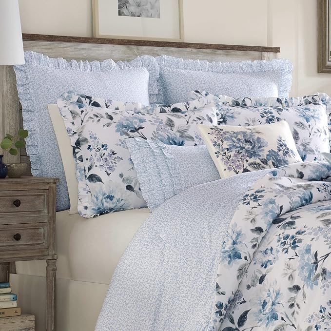 Laura Ashley Blue Watercolor Floral Comforter Set with Ruffled Shams