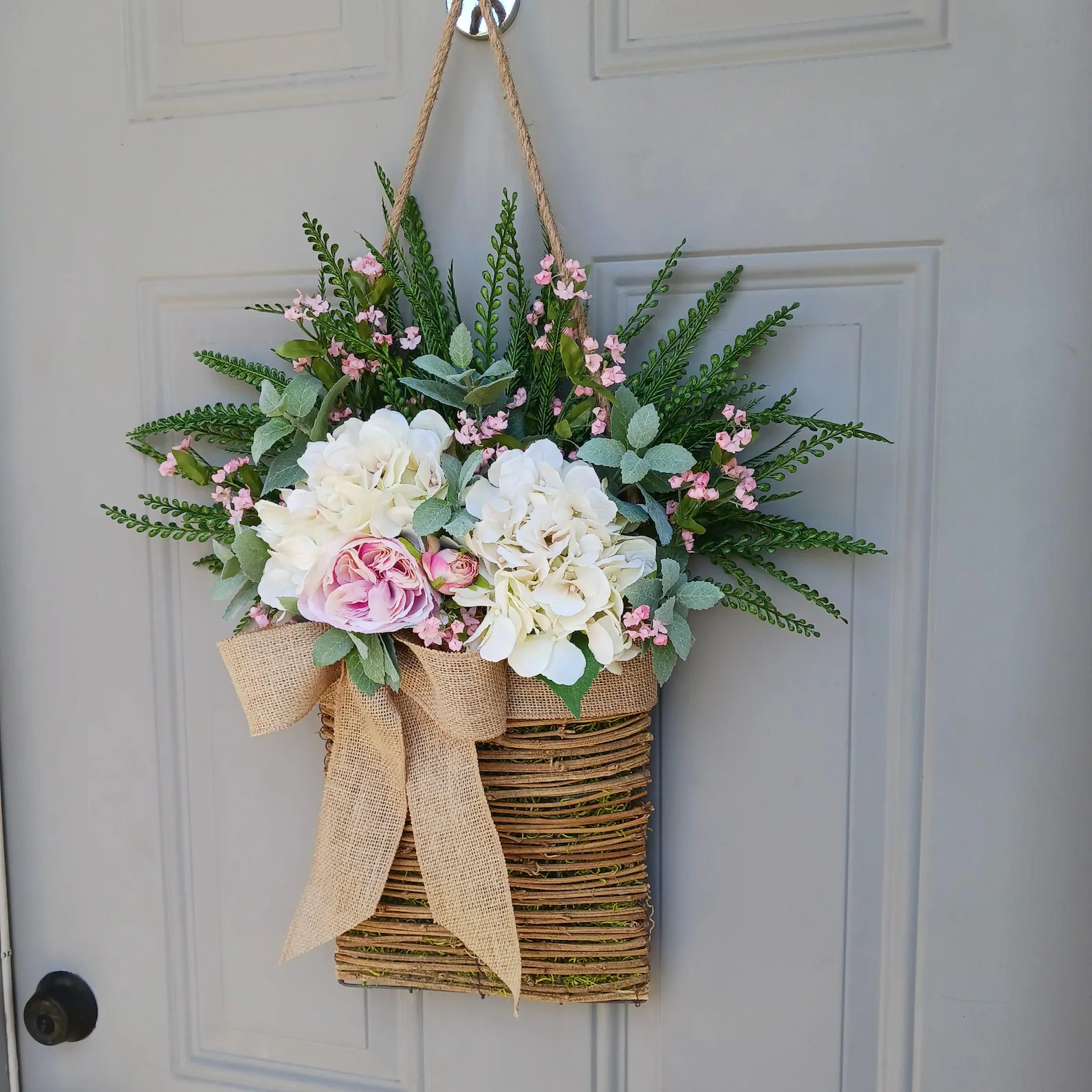 Pink Rose & Cream Hydrangea Grapevine Door Basket Wreath