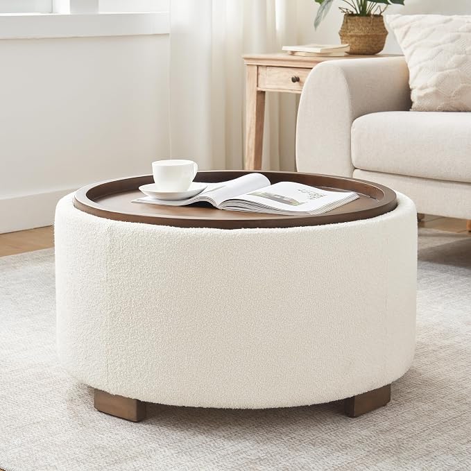 Ivory Bouclé Round Storage Ottoman with Reversible Wood Tray Top