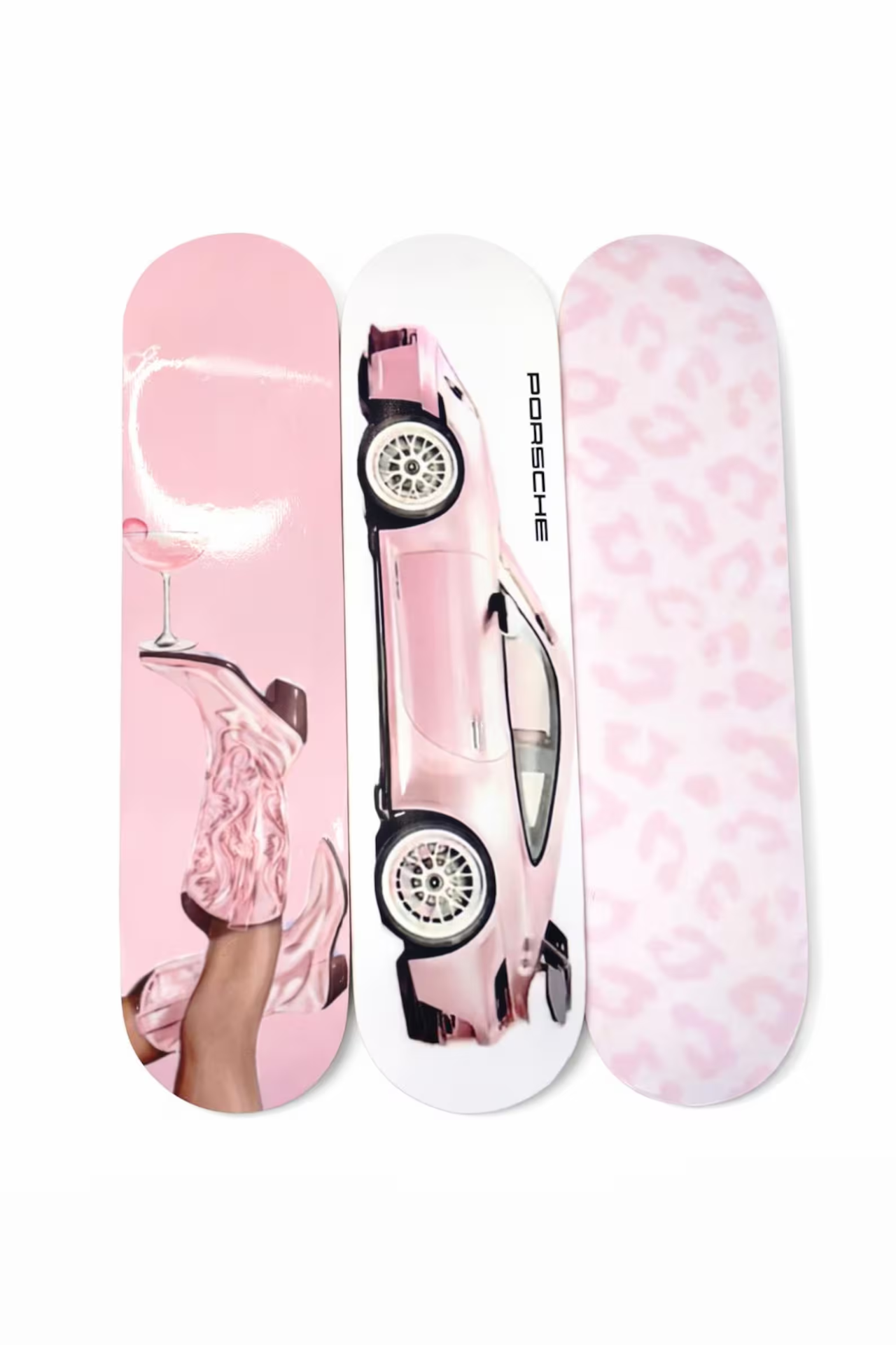 Pink Skateboard 3-Pack Wall Art — It-Girl Cocktail, Porsche & Leopard Deck Set
