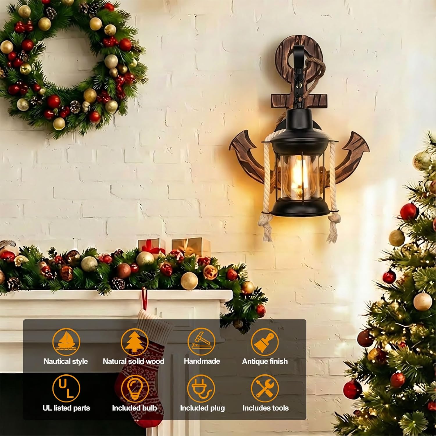 Nautical Anchor Wood & Rope Lantern Wall Sconce (Bulb Included)