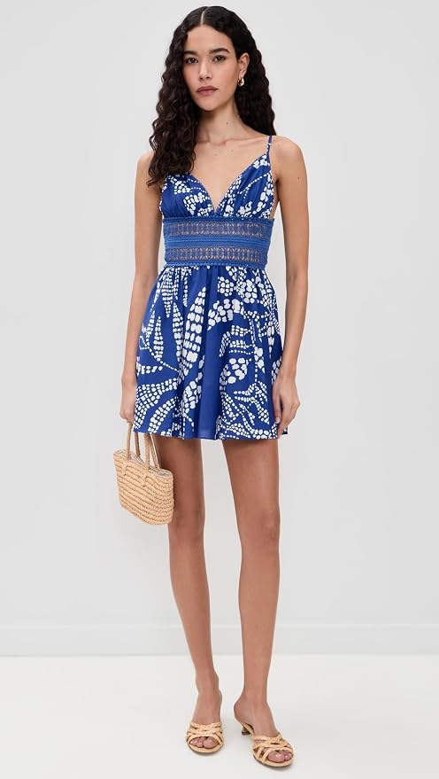 Blue & White Printed Smocked-Waist Mini Dress