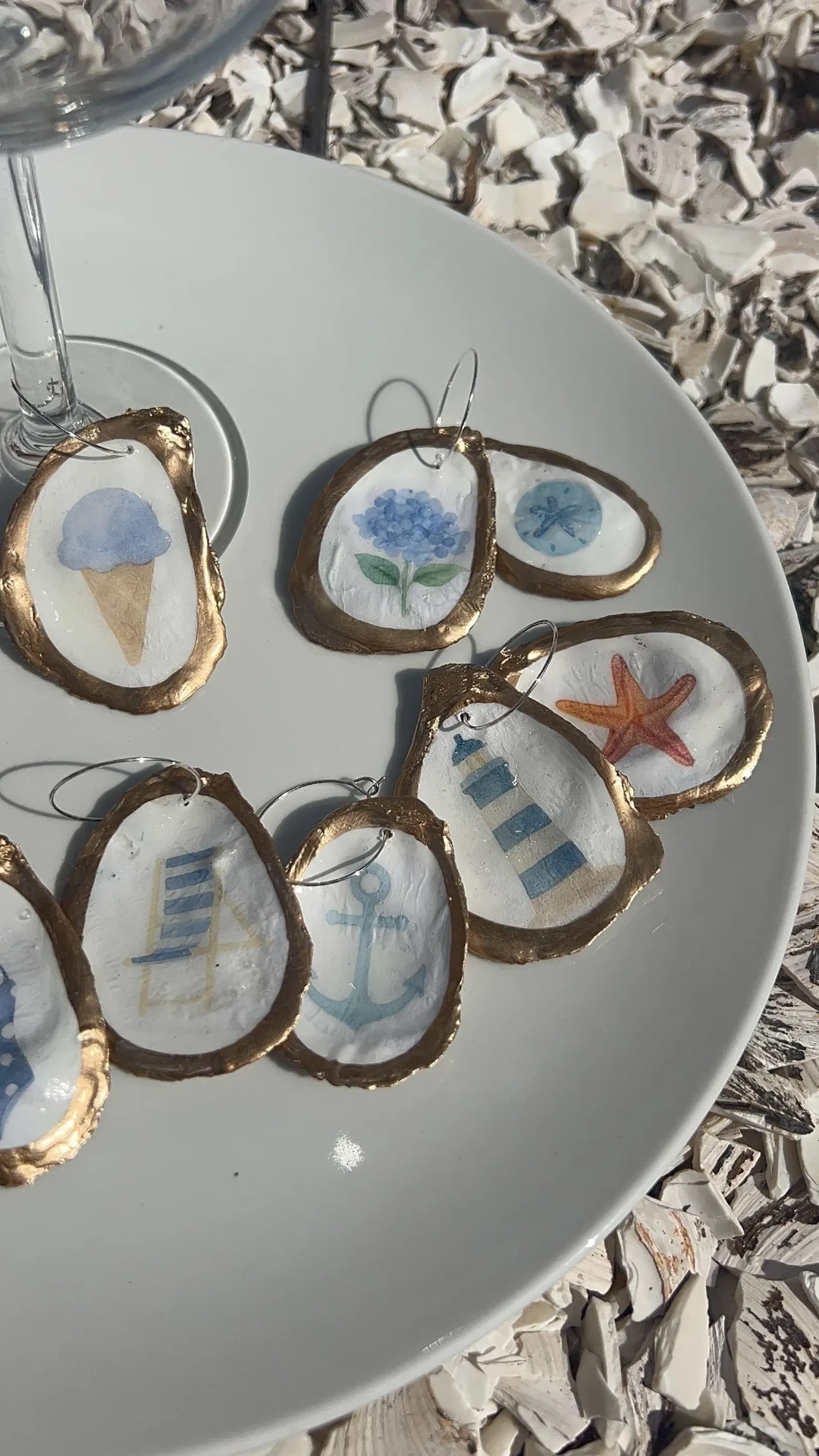 Hand-Painted Oyster Shell Wine Charms — Coastal Nautical Set