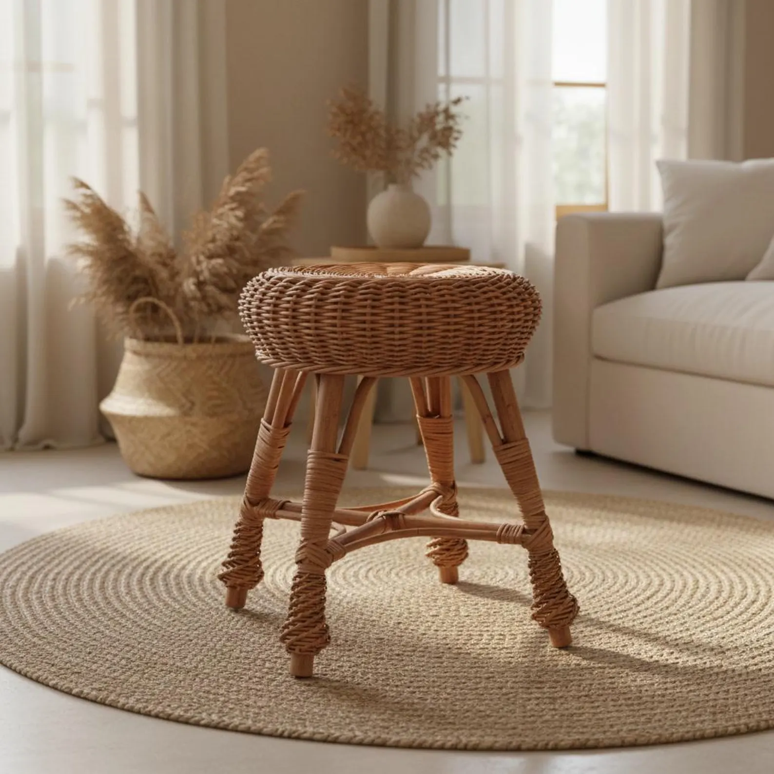 Handmade Willow Wicker Stool — Rustic Rattan Accent Footstool