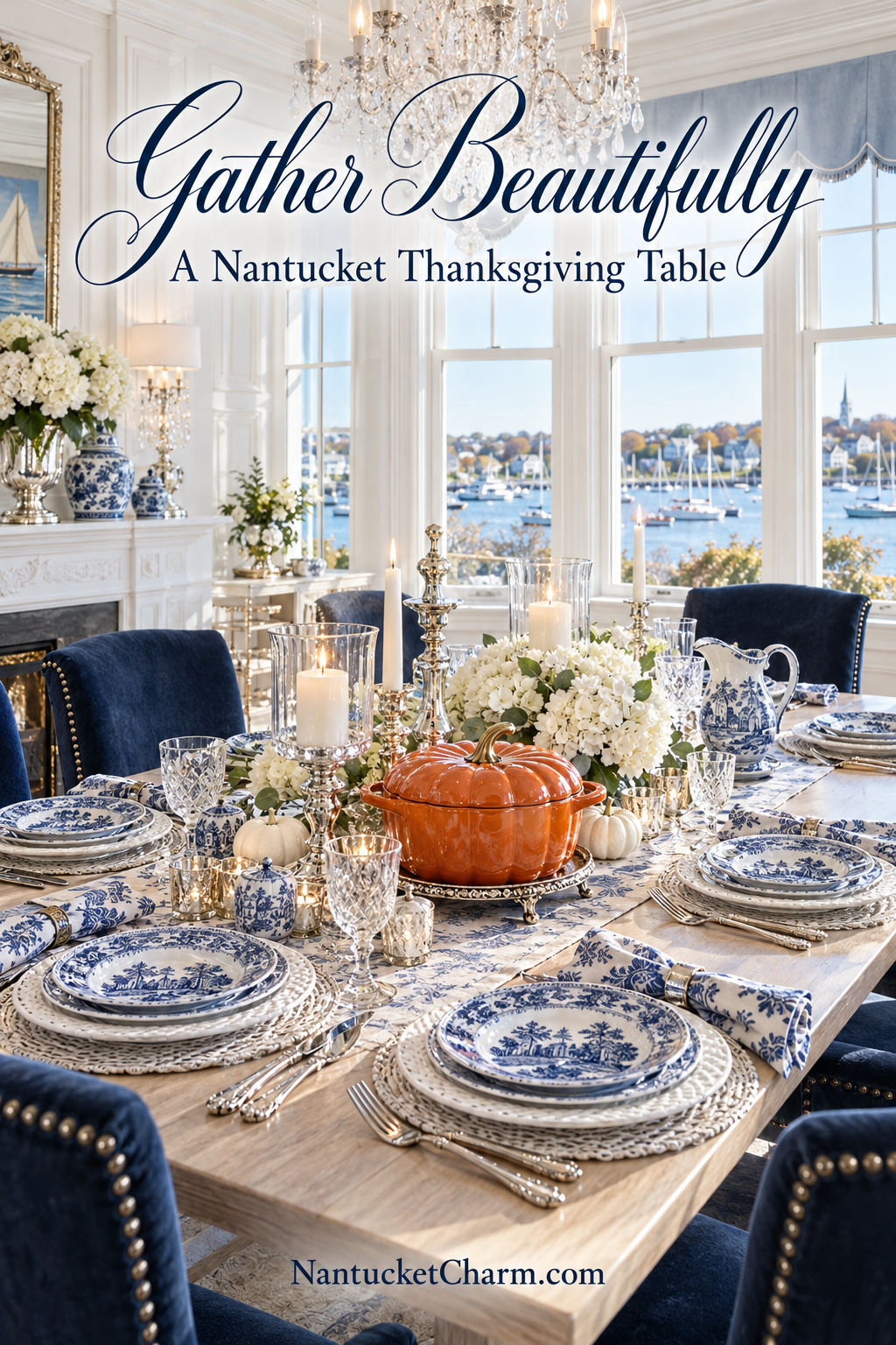 Gather Beautifully Nantucket Thanksgiving table with Le Creuset pumpkin pot, Spode blue and white plates, silver and crystal candlesticks, white hydrangeas, navy velvet chairs, trestle table and blue scalloped window shade overlooking the harbor.