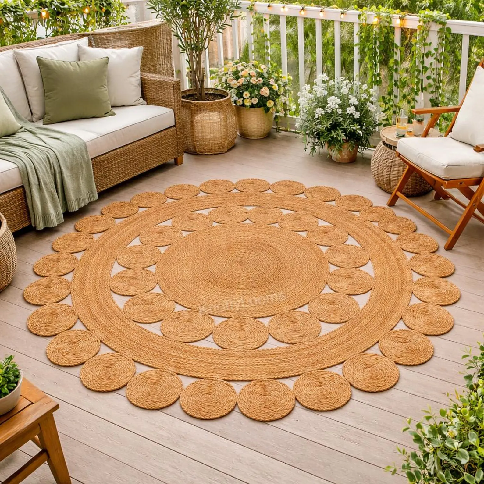 Handwoven Jute Round Rug — Braided Sunburst Boho Area Rug