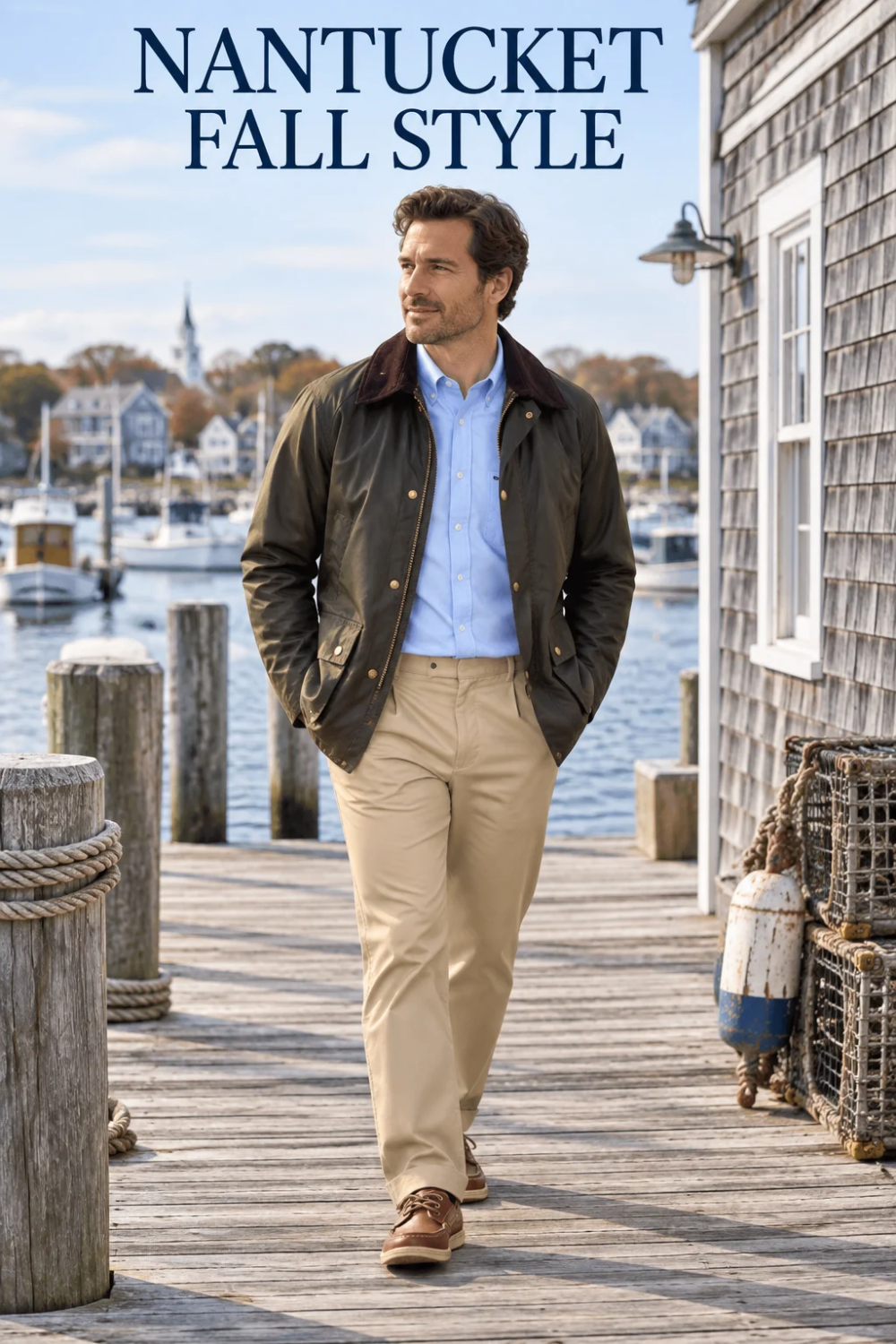 Man wearing an olive waxed jacket, blue shirt, khaki chinos, and brown boat shoes on a Nantucket wharf in fall