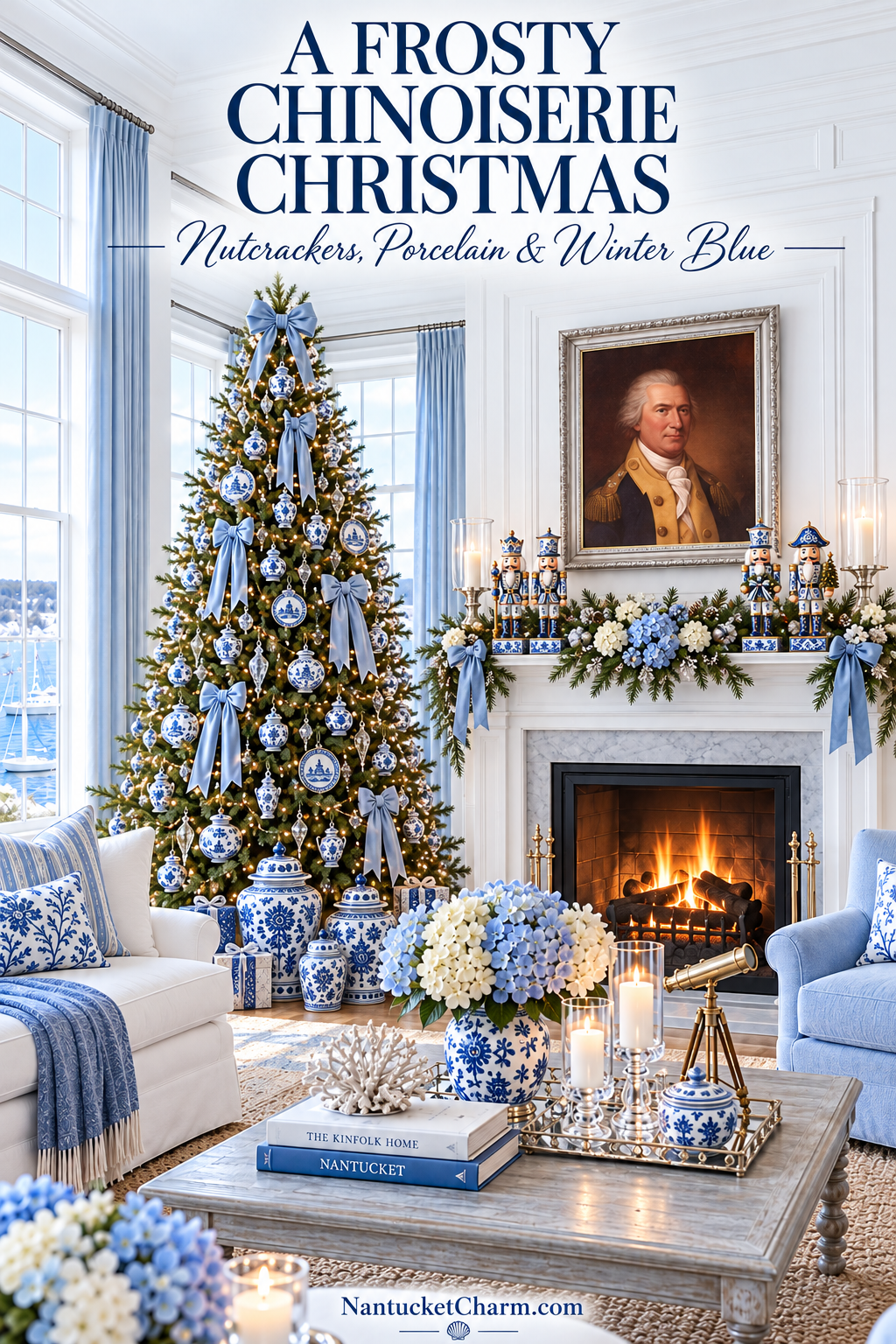 Frosty blue and white chinoiserie Christmas living room with a tree in ice-blue velvet bows and porcelain ginger jar ornaments, chinoiserie nutcrackers and a hydrangea garland on a marble mantel, ginger jars at the tree base, a whitewash coffee table with hydrangeas, white coral, books and candles, a brass telescope, an ivory sofa and a light blue armchair.