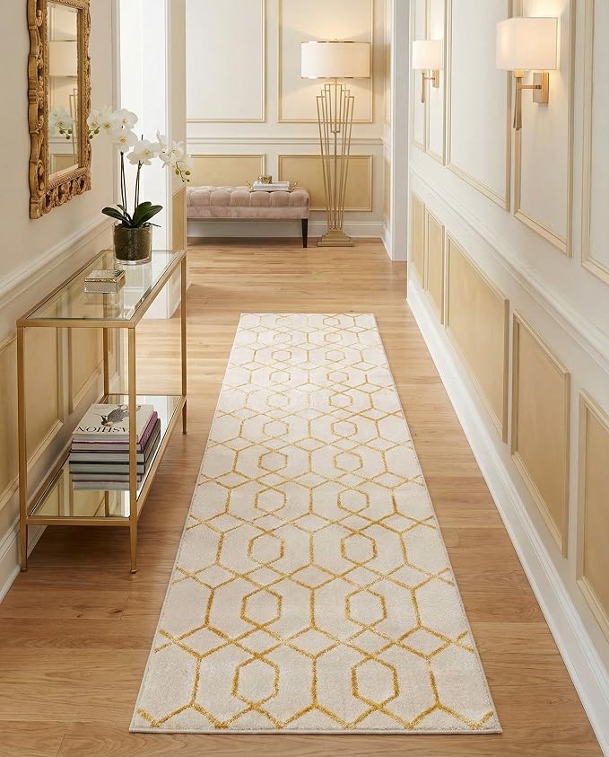 Cream & Gold Trellis Hallway Runner Rug