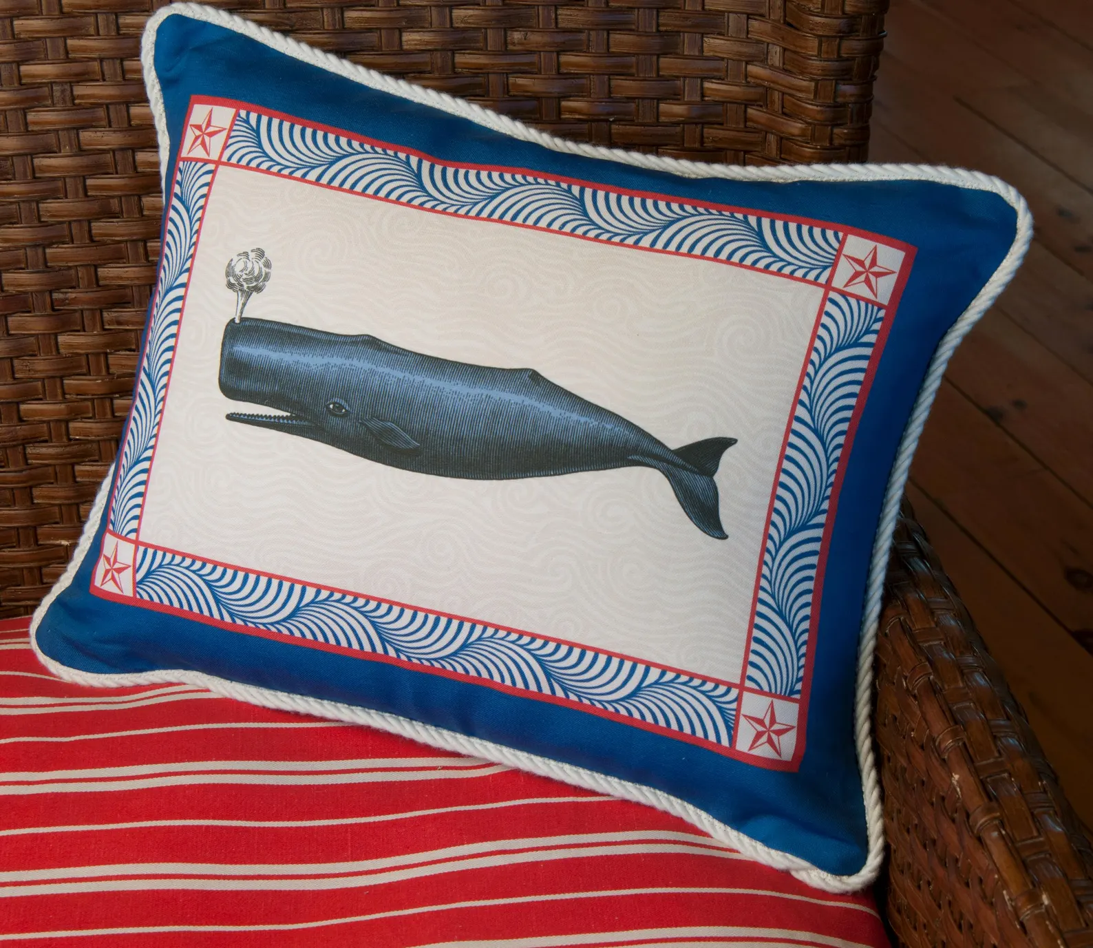 Blue Whale Nautical Pillow — 17x13 Lumbar with Rope Cord Trim