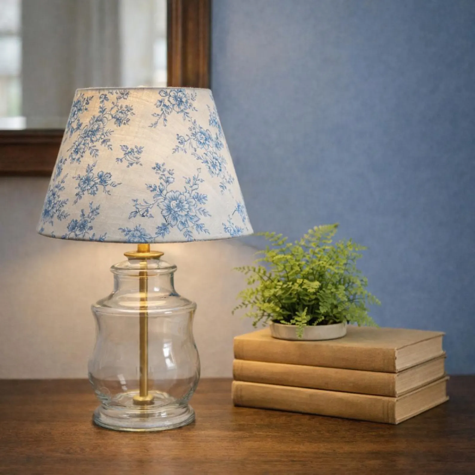 Small Blue & White Glass Ginger Jar Lamp with Floral Toile Shade