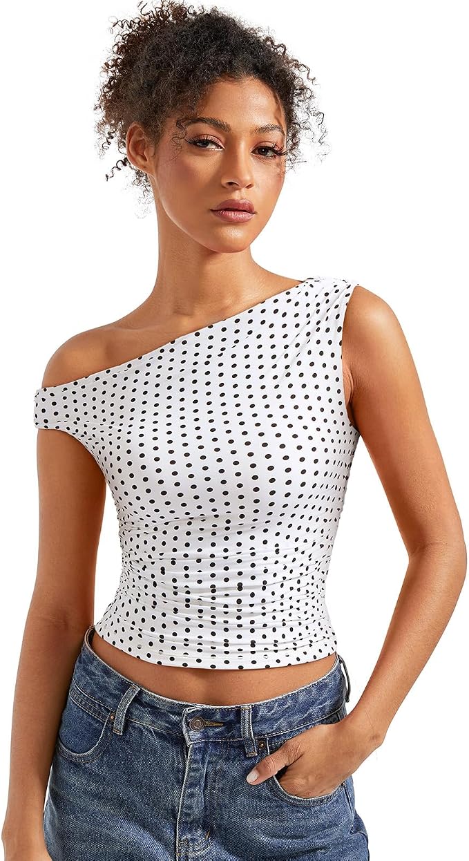 White & Black Polka Dot Ruched One-Shoulder Top