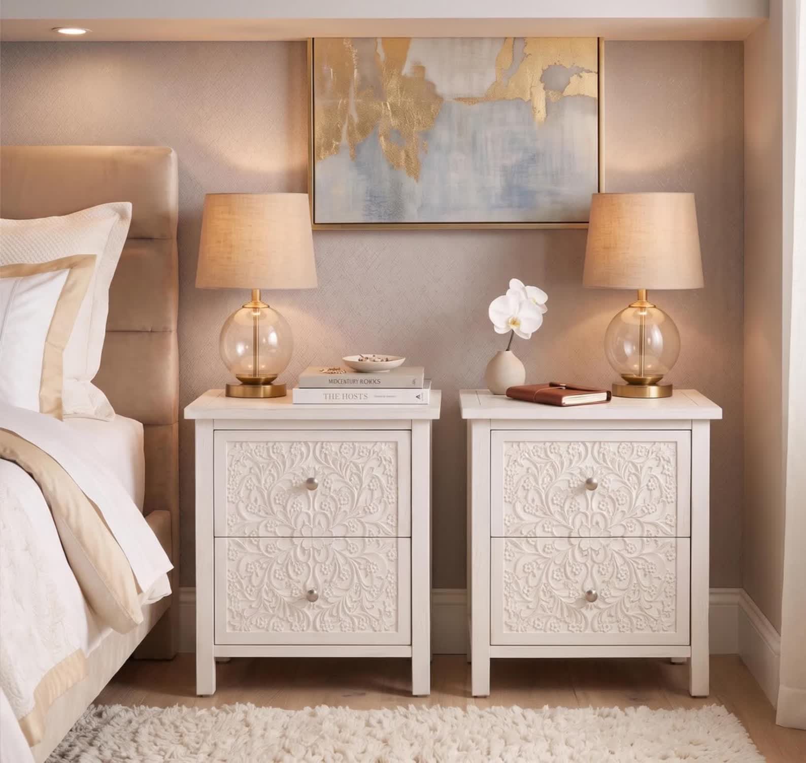Handcrafted Carved Wooden 2-Drawer Nightstand — Boho Bedside Table