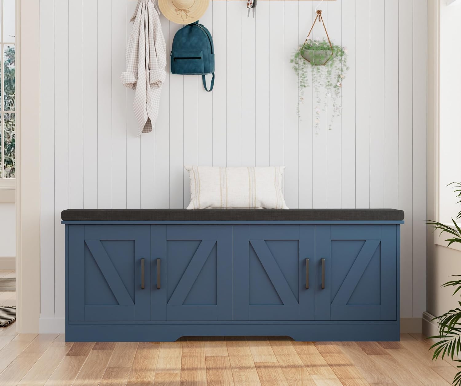 HOMSHO 47" Farmhouse Shoe Storage Bench with 4 Barn Doors — Blue