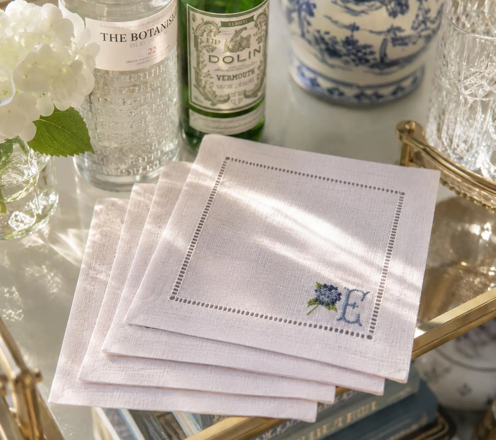 Embroidered Hydrangea Monogram Linen Cocktail Napkins (Set of 4)
