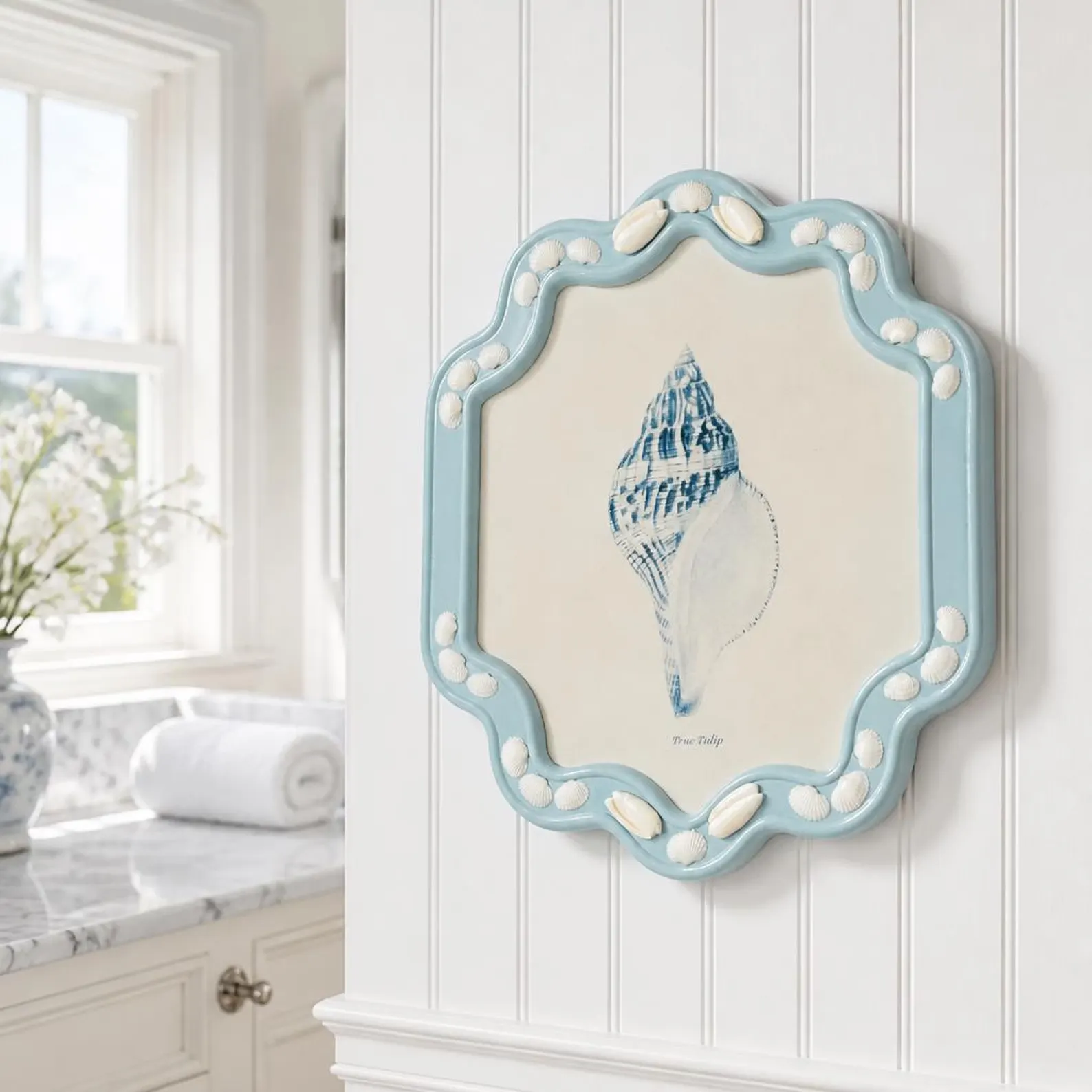 Blue Scalloped Seashell Frame Art — Real Shells, 11.75 x 14