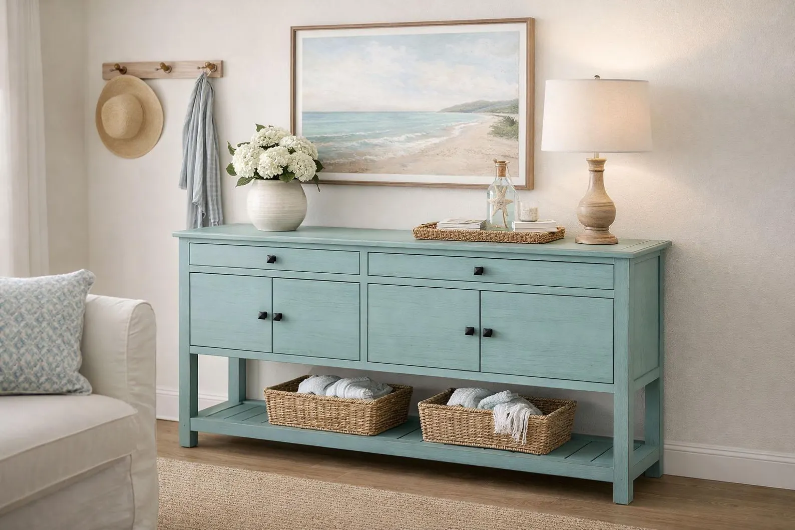 Handmade Solid Wood Console Table — Cottage Buffet Cabinet (Aqua)