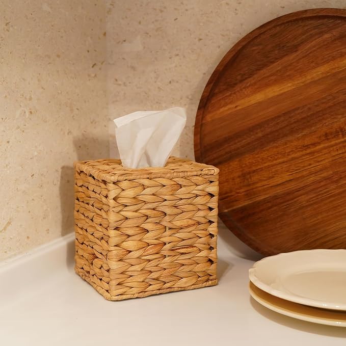 Water Hyacinth Handwoven Tissue Box Cover — Square Wicker Napkin Box