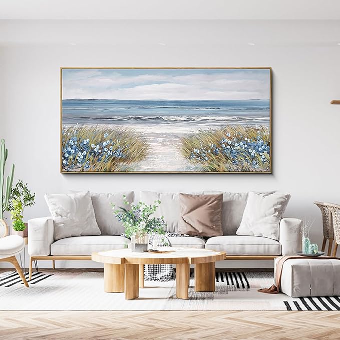 XLSJERST Framed Coastal Beach Floral Seascape Canvas Wall Art (24x48)