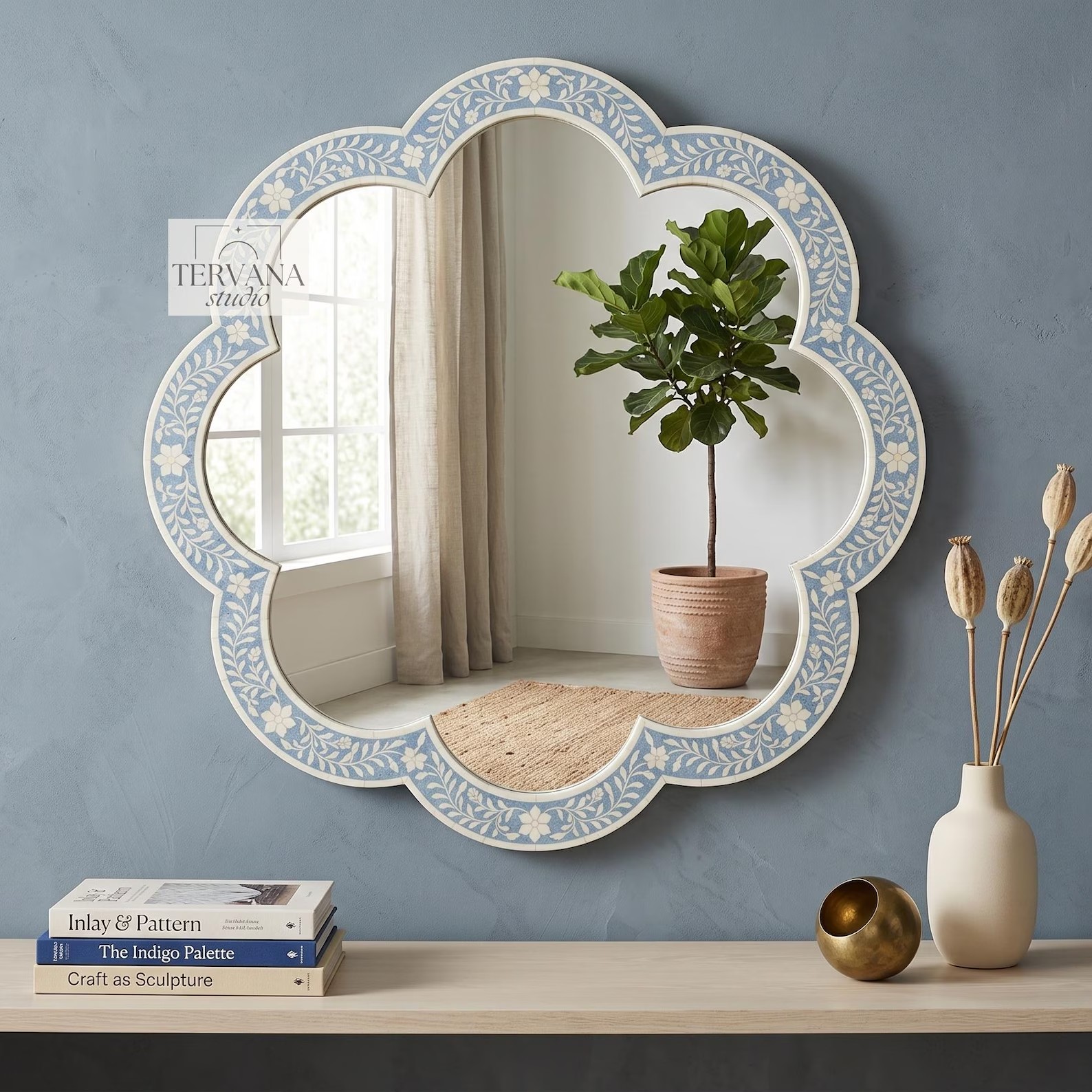 Moroccan Scalloped Bone Inlay Mirror — Sky Blue Floral