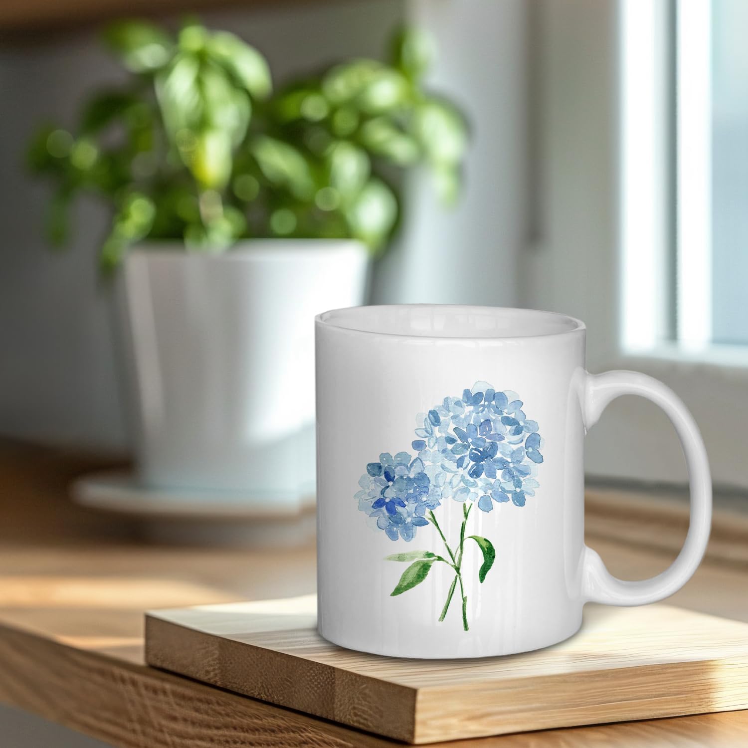 Blue Hydrangea Watercolor Ceramic Coffee Mug, 11 oz