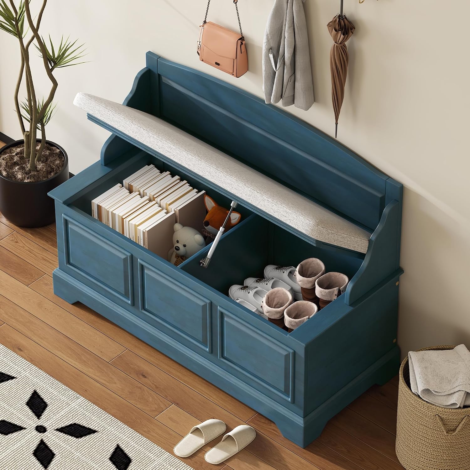 Knocbel Rustic Entry Storage Bench with Hidden Compartments (Antique Navy)